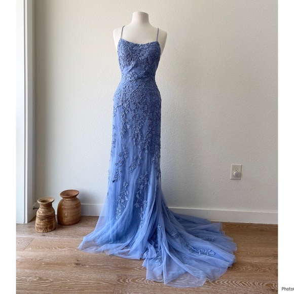 Sherri Hill Blue Lace Evening Gown Mermaid Medium Tail Prom Dress Party Size 6 - Picture 1 of 10